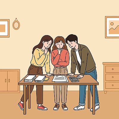 응시 일러스트 탁자 협력 직장 실내 대화 사람 공간 계산기 계획 집중 고민 문서 문제 해결 의견 월세 청년주거지원 주거지원사업 국내일러스트 AI파일 시선 감정 가구 컨셉 회사 부동산 문구용품 말하기 내부 장비 정부정책 파일형식 벡터 청년정책