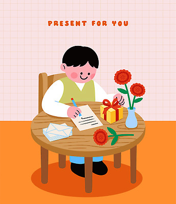 나무 꽃 일러스트 탁자 선물 소년 장식 상자 꽃병 기쁨 마음 쓰는 어버이날 편지 카네이션 오브젝트 뷰티풀 국내일러스트 AI파일 식물 기념일 남자 감정 어린이 가구 파일형식 벡터