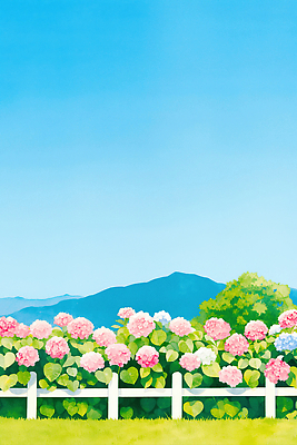JPG 나무 식물 꽃 꽃밭 일러스트 자연 하늘 산 풍경 초원 여름 파란색 정원 봄 조경 화단 수국 정원가꾸기 국내일러스트 AI일러스트 AI콘텐츠 계절 컬러 생태계 원예 파일형식 취미
