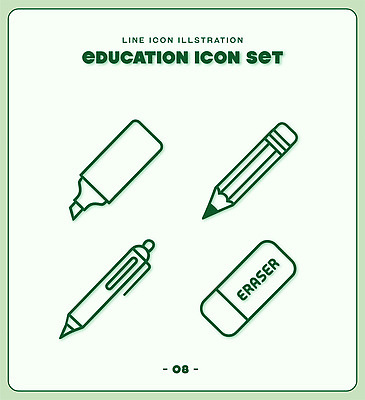 교육 선 라인일러스트 일러스트 문구용품 학습 세트 필기구 연필 볼펜 쓰는 지우개 형광펜 국내일러스트 AI파일 학용품 펜 오브젝트 파일형식 벡터
