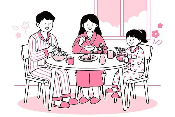 그릇 여자 남자 어린이 음식 분홍색 의자 일러스트 가정 가족 탁자 엄마 함께함 웃음 생활 주방 숟가락 식사 화목 아빠 아침식사 가정의달 소통 국내일러스트 AI파일 식기 컬러 가구 컨셉 관계 수저 표정 사람 5월 파일형식 벡터