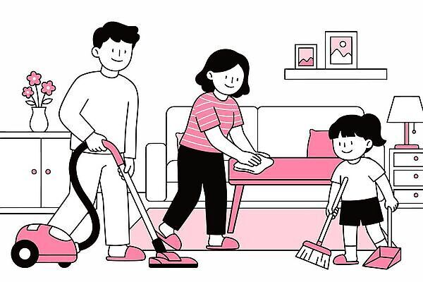 여자 남자 어린이 분홍색 가사 거실 일러스트 가정 가족 엄마 바닥 주택 함께함 일상 소파 화목 아빠 청소도구 청소 가정의달 청소기 국내일러스트 AI파일 컬러 컨셉 의자 관계 사람 건물 라이프 전자제품 도구 5월 파일형식 벡터