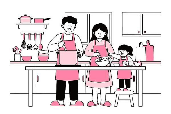 여자 남자 어린이 음식 분홍색 의자 일러스트 가정 가족 엄마 주방용품 함께함 사랑 요리 일상 주방 화목 아빠 냄비 즐거움 반죽 노력 가정의달 믹싱 국내일러스트 AI파일 감정 컬러 가구 생활용품 컨셉 관계 사람 라이프 솥 5월 파일형식 벡터
