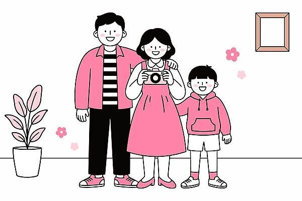 식물 여자 남자 아들 어린이 분홍색 일러스트 가정 가족 엄마 함께함 실내 웃음 사진촬영 화목 아빠 즐거움 가정의달 국내일러스트 AI파일 감정 컬러 컨셉 관계 표정 사람 내부 촬영 5월 파일형식 벡터