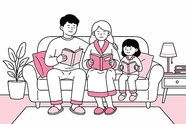 식물 여자 남자 행복 어린이 분홍색 거실 일러스트 가정 가족 휴식 조명 따뜻함 대화 책 부모 소파 독서 화목 편안함 가정의달 국내일러스트 AI파일 감정 컬러 컨셉 의자 관계 말하기 사람 감각 5월 파일형식 벡터