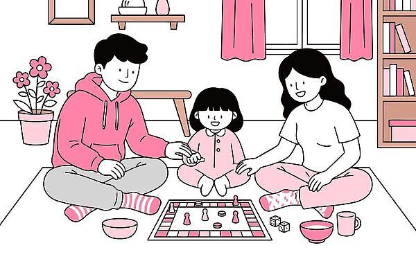 여자 남자 딸 어린이 분홍색 거실 일러스트 가정 가족 놀이 바닥 주택 컵 부모 화목 게임 던지기 즐거움 가정의달 보드게임 국내일러스트 AI파일 식기 감정 컬러 컨셉 관계 모션 사람 건물 5월 파일형식 벡터