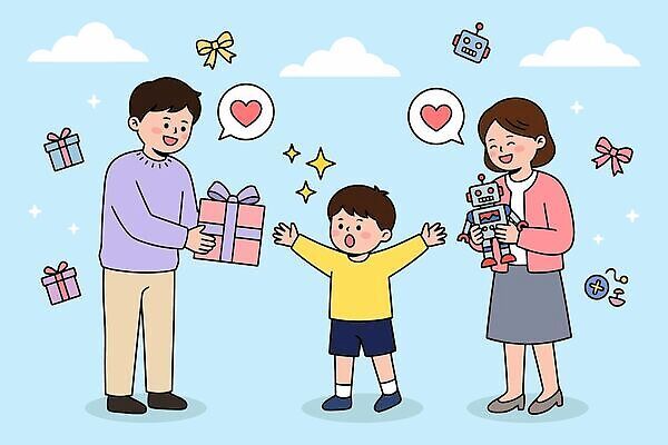 여자 기념일 남자 행복 어린이 일러스트 가족 선물 사랑 미소 웃음 파란색 부모 장난감 놀람 기쁨 축하 생일 어린이날 로봇 국내일러스트 AI파일 감정 컬러 컨셉 관계 표정 사람 이벤트 파일형식 벡터