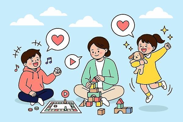 여자 남자 행복 어린이 일러스트 가족 놀이 엄마 웃음 친구 게임 강아지 어린이날 즐거움 주사위 보드게임 소통 강아지인형 상상력 창의력 국내일러스트 AI파일 기념일 감정 인형 컨셉 관계 표정 사람 반려동물 개 파일형식 벡터