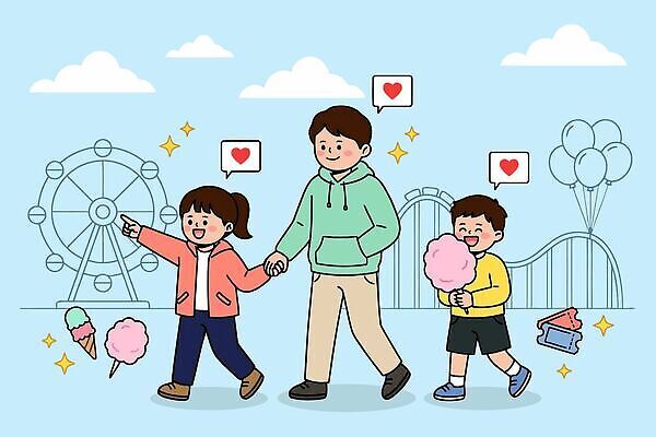 여자 남자 여유 어린이 일러스트 가족 아이스크림 일상 걷기 손잡기 놀이공원 아빠 놀이기구 어린이날 즐거움 솜사탕 국내일러스트 AI파일 기념일 감정 관계 모션 디저트 사람 라이프 테마파크 파일형식 벡터