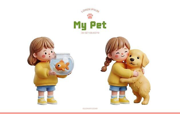 PSD 편집이미지 캐릭터 행복 어린이 놀이 탁자 사랑 웃음 소녀 친구 반려동물 장난감 귀여움 강아지 금붕어 편집3D 동물 여자 감정 가구 컨셉 관계 표정 어류 사람 3D 개 파일형식