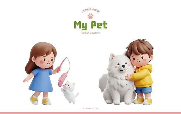 PSD 편집이미지 캐릭터 어린이 놀이 웃음 소녀 소년 친구 반려동물 고양이 강아지 고양이낚시대 편집3D 동물 여자 남자 포유류 관계 표정 사람 3D 개 파일형식 애묘용품