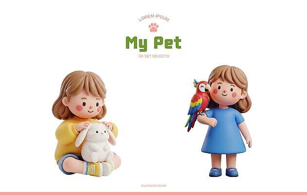 PSD 동물 편집이미지 캐릭터 행복 놀이 소녀 친구 반려동물 3D 귀여움 토끼 즐거움 앵무새 편집3D 여자 감정 어린이 컨셉 포유류 관계 조류 디지털합성 파일형식