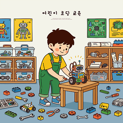 교육 어린이 일러스트 기술 학습 도구 공구 로봇 책상 만들기 소재 실습 조립 창의성 프로그래밍 코딩 국내일러스트 AI파일 가구 모션 사람 작업 개발 컴퓨터교육 파일형식 벡터
