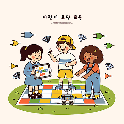 교육 어린이 일러스트 협력 친구 학습 컴퓨터 도구 로봇 즐거움 창의력 프로그래밍 프로그램 코딩 상호작용 국내일러스트 AI파일 감정 관계 사람 전자제품 작업 개발 컴퓨터교육 파일형식 벡터