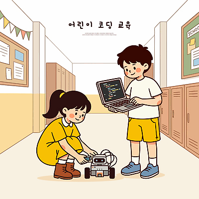 교육 어린이 일러스트 수업 협력 함께함 기술 친구 학습 컴퓨터 작업 복도 로봇 즐거움 실습 소프트웨어 창의력 프로그래밍 코딩 국내일러스트 AI파일 감정 컨셉 관계 사람 전자제품 개발 컴퓨터교육 파일형식 벡터