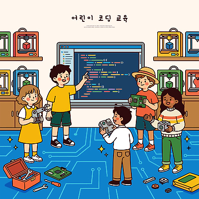 교육 어린이 일러스트 교실 수업 협력 기술 친구 학습 칠판 코드 로봇 즐거움 조립 창의력 프로그래밍 코딩 국내일러스트 AI파일 감정 학교 관계 사람 작업 개발 컴퓨터교육 파일형식 벡터