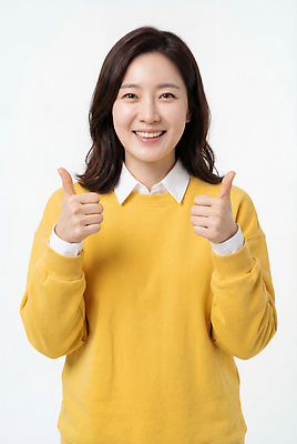 JPG 편집이미지 여자 행복 포즈 미소 웃음 사람 노란색 촬영 엄지손가락 스웨터 손모양 의료성형뷰티 편집실사 AI인물포토 AI콘텐츠 모양 감정 컬러 상의 손가락 표정 CG 파일형식 손_신체부위 AI포토