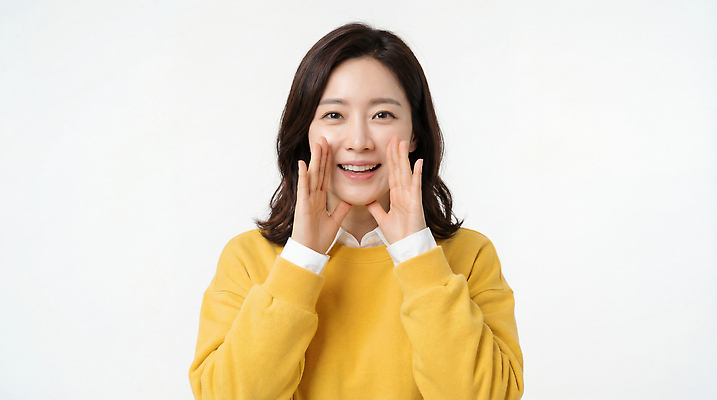 JPG 편집이미지 여자 행복 웃음 손짓 노란색 스웨터 화사함 소통 의사소통 의료성형뷰티 편집실사 AI인물포토 AI콘텐츠 감정 컬러 컨셉 상의 모션 표정 사람 CG 파일형식 AI포토