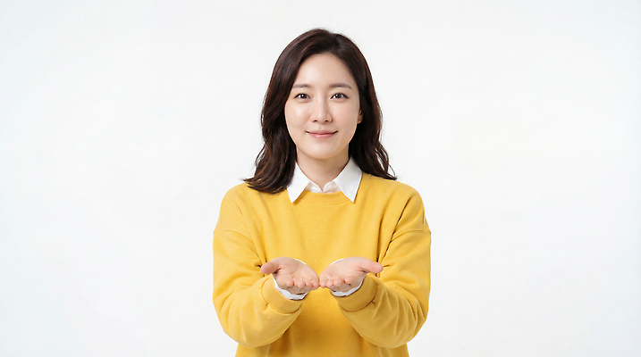 JPG 편집이미지 여자 포즈 웃음 사람 노란색 양손 스웨터 전달 의료성형뷰티 편집실사 AI인물포토 AI콘텐츠 손 컬러 상의 표정 CG 파일형식 AI포토