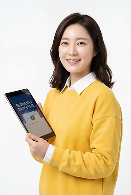 JPG 편집이미지 여자 교육 수업 기술 웃음 학습 태블릿 노란색 스크린 자료 강의 스웨터 온라인강의 의료성형뷰티 편집실사 AI인물포토 AI콘텐츠 컬러 상의 표정 사람 전자제품 스마트기기 CG 파일형식 언택트 AI포토