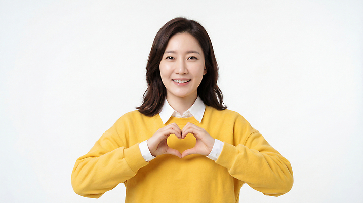 JPG 편집이미지 여자 사랑 웃음 사람 노란색 하트 스웨터 손하트 의료성형뷰티 편집실사 AI인물포토 AI콘텐츠 모양 감정 컬러 상의 표정 손짓 CG 파일형식 AI포토