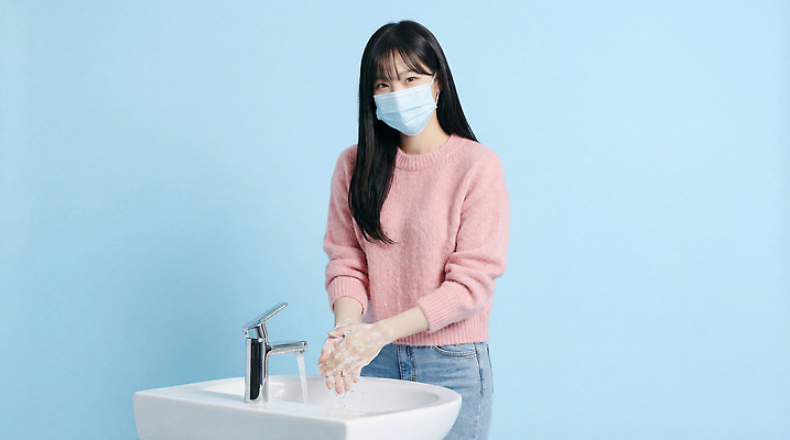 JPG 편집이미지 여자 실내 건강 마스크 안전 물 청결 위생 세면대 예방 비누 손씻기 의료성형뷰티 편집실사 AI인물포토 AI콘텐츠 자연요소 사람 내부 위생용품 씻기 CG 파일형식 AI포토