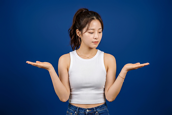 JPG 편집이미지 손 여자 포즈 생각 손바닥 상반신 양손 파란배경 의료성형뷰티 편집실사 AI인물포토 AI콘텐츠 백그라운드 사람 신체부위 파란색 CG 파일형식 AI포토