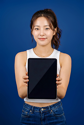 JPG 편집이미지 여자 포즈 스튜디오 웃음 사람 태블릿 촬영 양손 파란배경 의료성형뷰티 편집실사 AI인물포토 AI콘텐츠 손 백그라운드 표정 파란색 전자제품 스마트기기 CG 파일형식 AI포토