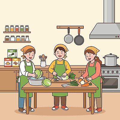 채소 일러스트 재료 주방용품 양파 협력 요리 여러명 주방 요리사 당근 가스레인지 즐거움 배추 손질 무료급식 식사준비 국내일러스트 AI파일 직업 감정 생활용품 다수 뿌리채소 사람 가전제품 레인지 준비 급식 파일형식 벡터