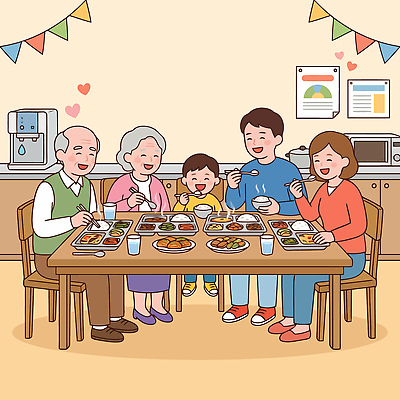 여자 할아버지 남자 행복 할머니 어린이 음식 일러스트 가족 탁자 함께함 대화 웃음 일상 식사 저녁식사 무료급식 국내일러스트 AI파일 노년 감정 가구 컨셉 관계 표정 말하기 사람 라이프 급식 파일형식 벡터