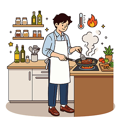 남자 음식 채소 일러스트 재료 주방용품 불 육류 요리 여름 주방 식사 앞치마 맛 기름 예방 점심 식중독 국내일러스트 AI파일 자연요소 계절 생활용품 컨셉 식재료 사람 파일형식 벡터