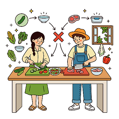 여자 남자 음식 채소 일러스트 식재료 창문 주방용품 도마 육류 요리 여름 주방 식사 샐러드 칼 준비 예방 레시피 손질 식사준비 식중독 국내일러스트 AI파일 계절 생활용품 사람 파일형식 벡터