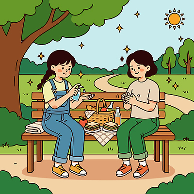 나무 공원 음료 음식 벤치 일러스트 샌드위치 여름 친구 햇빛 소풍 위생 사과 물병 즐거움 예방 식중독 오후 국내일러스트 AI파일 식물 계절 공공시설 감정 의자 과일 관계 빛 야외활동 물통 파일형식 벡터