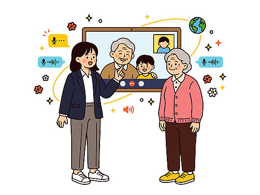 할아버지 노년 할머니 어린이 일러스트 가족 기술 대화 웃음 사람 여러명 생활 친구 스크린 만남 연결 즐거움 온라인 소통 영상통화 화상통화 국내일러스트 AI파일 여자 남자 감정 다수 컨셉 관계 표정 말하기 성인 통화 파일형식 벡터