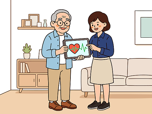 노년 일러스트 가족 기술 실내 건강 대화 생활 태블릿 만남 정보 도움 소통 의사소통 이해 국내일러스트 AI파일 컨셉 관계 말하기 성인 내부 전자제품 스마트기기 파일형식 벡터