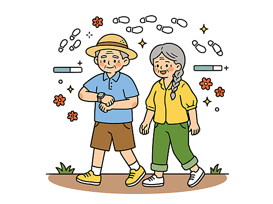 공원 할아버지 노년 꽃 길 할머니 일러스트 자연 함께함 건강 웃음 일상 걷기 노부부 산책 발자국 즐거움 동반 웨어러블 스마트워치 국내일러스트 AI파일 식물 부부 공공시설 여자 남자 감정 컨셉 자국 모션 휴식 표정 성인 라이프 스마트기기 생태계 파일형식 벡터