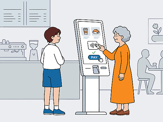 노년 음료 어린이 음식 일러스트 탁자 기술 여러명 일상 스크린 모니터 카페 고객 스마트 서비스 결제 편리함 키오스크 국내일러스트 AI파일 가구 다수 컨셉 사람 성인 라이프 컴퓨터 상점 파일형식 벡터 생활용품 생활 전자제품 오브젝트