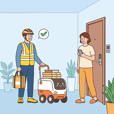 여자 남자 음식 일러스트 주택 실내 대화 서기 성인 스마트폰 상자 도시 배달원 고객 배송 오브젝트 확인 음식배달 국내일러스트 배달로봇 AI파일 직업 모션 말하기 사람 내부 건물 핸드폰 스마트기기 로봇 파일형식 벡터