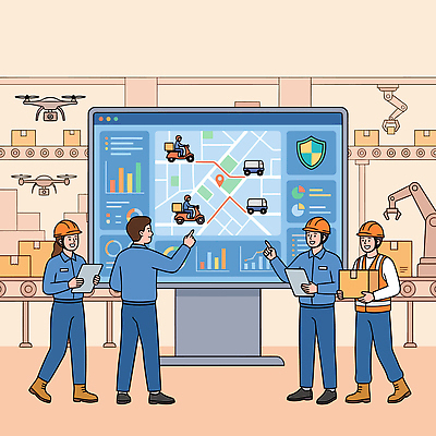 여자 남자 일러스트 비즈니스 공장 회의 협력 기술 관리 성인 디지털 스크린 자료 작업 계획 배송 분석 위치 시스템 물류 경로 드론 소프트웨어 작업자 물류센터 국내일러스트 AI파일 컨셉 공업 사람 파일형식 벡터