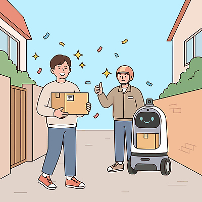 남자 행복 일러스트 커뮤니케이션 거리 기술 미소 사람 성인 일상 마을 기계 축하 배달원 고객 로봇 배송 서비스 방문 소포 자동화 국내일러스트 AI파일 직업 감정 컨셉 표정 라이프 파일형식 벡터