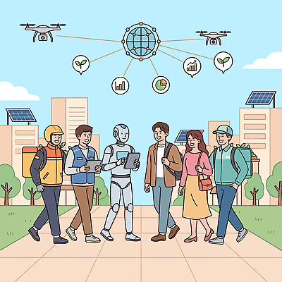 나무 여자 남자 이동 일러스트 미래 거리 기술 관리 대화 사람 성인 건물 걷기 정보 도시 발전 배달원 로봇 배송 서비스 소통 공동체 드론 국내일러스트 AI파일 식물 직업 건축물 컨셉 모션 말하기 파일형식 벡터