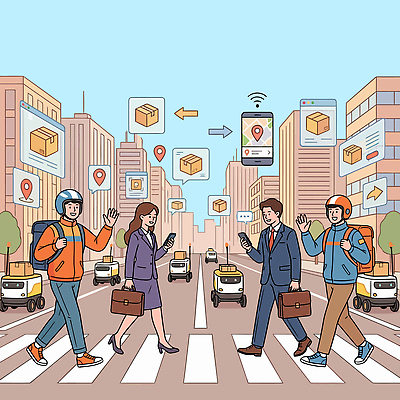 여자 남자 일러스트 통신 거리 기술 여러명 성인 스마트폰 걷기 도시 사무원 배달원 상품 로봇 배송 위치 GPS 경로 국내일러스트 배달로봇 AI파일 직업 다수 모션 사람 핸드폰 스마트기기 파일형식 벡터