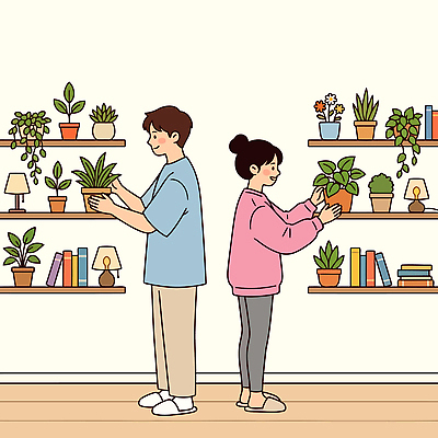 식물 부부 여자 남자 행복 화분 일러스트 가정 조명 선반 실내 취미 책 인테리어 배열 정리 가꾸기 반려식물 국내일러스트 AI파일 디자인 커플 감정 가구 사람 내부 파일형식 벡터