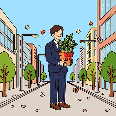 나무 식물 남자 꽃 화분 여유 가로등 일러스트 거리 선물 사람 정장 건물 봄 기다림 반려식물 국내일러스트 AI파일 건축물 옷 계절 공공시설 감정 모션 파일형식 벡터 건축 시설