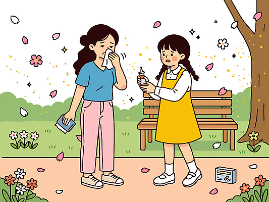 나무 공원 여자 꽃 벤치 일러스트 함께함 대화 소녀 친구 약 봄 도움 꽃가루알레르기 국내일러스트 AI파일 식물 계절 공공시설 어린이 컨셉 의자 의학 관계 말하기 사람 알레르기 파일형식 벡터