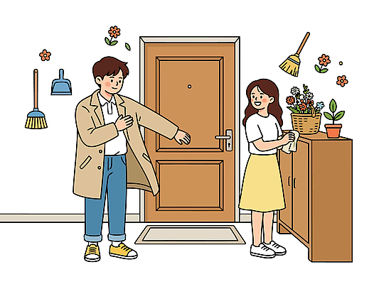 식물 부부 여자 남자 꽃 화분 일러스트 가정 주택 대화 사랑 일상 생활 외투 편안함 소통 국내일러스트 AI파일 커플 감정 컨셉 상의 말하기 사람 건물 라이프 감각 파일형식 벡터 건축물 옷 관계 모션 건축