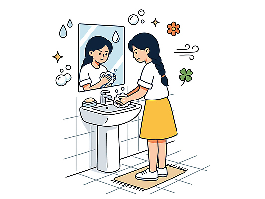 꽃 일러스트 건강 소녀 일상 물 청결 거울 욕실 물방울 위생 화장실 예방 비누 손씻기 국내일러스트 AI파일 자연요소 식물 여자 어린이 라이프 위생용품 씻기 파일형식 벡터