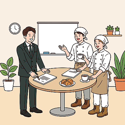 직업 여자 남자 커피 음식 일러스트 재료 탁자 회의 수업 대화 요리 정장 학습 제과제빵 요리사 크루아상 계약 레시피 제빵사 국내일러스트 AI파일 옷 교육 음료 빵 가구 비즈니스 말하기 사람 파일형식 벡터 생활용품 모션 오브젝트