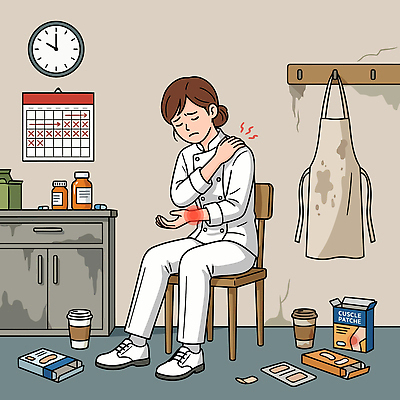 여자 의자 일러스트 건강 피곤 약 제과제빵 주방 요리사 고통 달력 업무 쓰레기 괴로움 팔 어깨통증 제빵사 파스 손목통증 노동권 국내일러스트 AI파일 직업 감정 가구 컨셉 의학 사람 신체부위 의료용품 작업 질병 인권 파일형식 벡터 권리