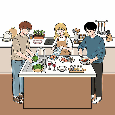 그릇 식기 생활용품 컨셉 모션 수중동물 파일형식 벡터 주방 요리 식사 사람 재료 준비 요리중 채소 어류 믹싱볼 주방용품 함께함 일러스트 국내일러스트 AI파일